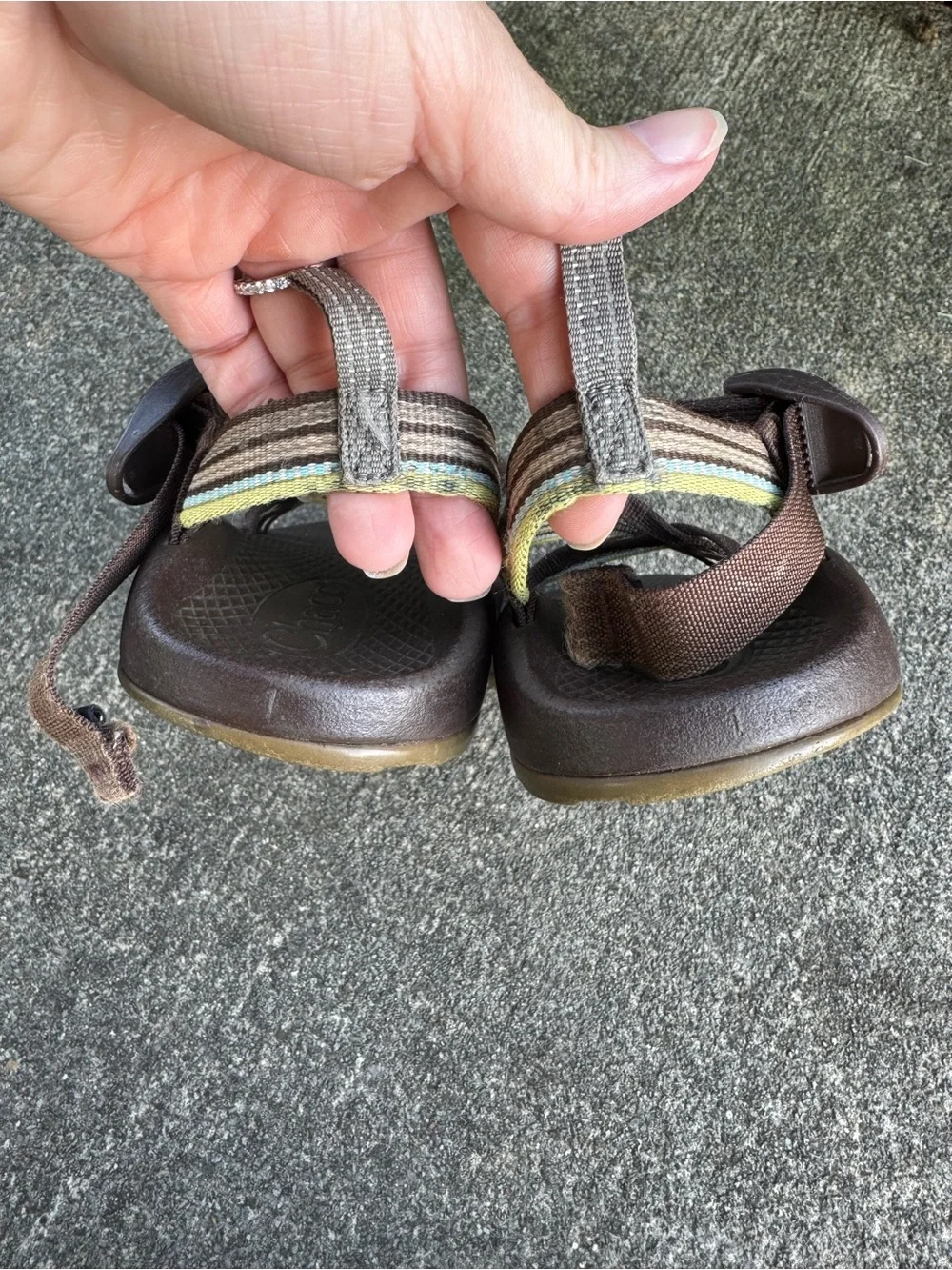 Chaco Kids Brown Sandals with Yellow and Green Stripe Size 1 No Toe Strap